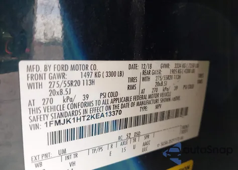 2019 Ford Expedition Max Xlt из США, поврежденный, VIN 1FMJK1HT2KEA13370